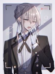 Rule 34 | &gt; o, 1boy, absurdres, bambi-25, bedivere (fate), bedivere (silver butler) (fate), black jacket, blouse, butler, collared shirt, cross tie, fate/grand order, fate (series), formal, gloves, green eyes, hair between eyes, highres, jacket, knights of the round table (fate), light blush, long hair, long sleeves, male focus, official alternate costume, one eye closed, outside border, ponytail, recording, shirt, silver hair, solo, upper body, white gloves, white shirt