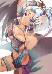 Rule 34 | 1girl, arm up, armlet, blue eyes, breasts, circlet, cleavage, cocoa (cafe-hotcocoa), dark-skinned female, dark skin, detached sleeves, fingernails, head wings, large breasts, long hair, looking at viewer, navel, ponytail, sennen sensou aigis, sharp fingernails, silver hair, solo, thighlet, wings