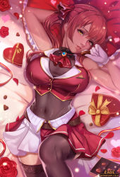 Rule 34 | 1girl, ascot, bare arms, bed, black leotard, black thighhighs, box, breasts, chocolate, cleavage, covered navel, cowboy shot, exlic, flower, gloves, heart, heart-shaped box, heart-shaped pillow, heterochromia, highres, hololive, houshou marine, large breasts, leotard, leotard under clothes, long hair, looking at viewer, lying, miniskirt, on back, on bed, parted lips, pillow, red ascot, red eyes, red flower, red hair, red rose, red skirt, rose, see-through, see-through cleavage, see-through leotard, skirt, solo, thighhighs, twintails, valentine, virtual youtuber, white gloves, yellow eyes