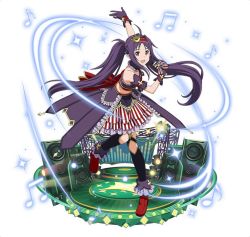 Rule 34 | 1girl, :d, arm strap, arm up, black legwear, choker, crown, detached collar, floating hair, full body, gloves, hairband, holding, holding microphone, layered skirt, leg up, long hair, looking at viewer, microphone, mini crown, open mouth, purple gloves, purple hair, red eyes, red footwear, red hairband, simple background, skirt, smile, solo, stomach, striped clothes, striped skirt, sword art online, twintails, vertical-striped clothes, vertical-striped skirt, very long hair, white background, yuuki (sao)