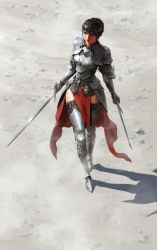 Rule 34 | 1girl, absurdres, armor, black hair, blue eyes, breastplate, dual wielding, faulds, from above, full body, greaves, hair ornament, highres, holding, holding weapon, hyunjoong, knight, leather suit, looking away, md5 mismatch, negative space, original, realistic, resolution mismatch, shadow, solo, source smaller, sword, vambraces, walking, weapon