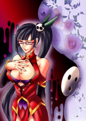 Rule 34 | 1girl, arakune, arc system works, bare shoulders, black hair, blazblue, blazblue: calamity trigger, breasts, china dress, chinese clothes, dress, female focus, flower, glasses, gradient background, grobo-zyuku, lao jiu, large breasts, litchi faye ling, long hair, plant, ponytail, solo