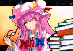 Rule 34 | 1girl, bad id, bad pixiv id, blunt bangs, book, book stack, crescent, crescent hat ornament, dress, glasses, hair ornament, hat, hat ornament, holding, holding removed eyewear, long dress, long hair, looking at viewer, mob cap, neck ribbon, open mouth, patchouli knowledge, purple hair, qqqrinkappp, red ribbon, ribbon, solo, striped clothes, striped dress, touhou, traditional media, unworn eyewear, vertical-striped clothes, vertical-striped dress, very long hair