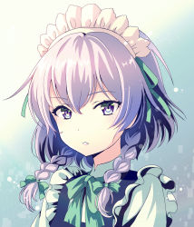 Rule 34 | 1girl, beige background, blue background, blue dress, bow, bowtie, braid, commentary request, dress, gradient background, green bow, green bowtie, green ribbon, hair between eyes, hair bow, hair ribbon, highres, izayoi sakuya, looking at viewer, maid, maid headdress, parted lips, portrait, purple eyes, ribbon, shirt, short hair, silver hair, solo, touhou, twin braids, vesper (pixiv3568), white shirt
