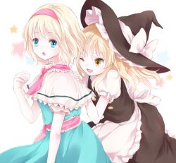 Rule 34 | 2girls, :o, alice margatroid, apron, arm up, bad id, bad pixiv id, blonde hair, blue eyes, capelet, dress, hand on another&#039;s back, hat, hat ribbon, headband, kirisame marisa, long hair, looking at viewer, multiple girls, one eye closed, puffy short sleeves, puffy sleeves, ribbon, sash, short hair, short sleeves, simple background, skirt, skirt set, star (symbol), touhou, waist apron, white background, wink, witch hat, yatomi, yellow eyes