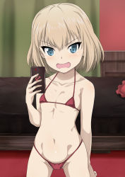 Rule 34 | &gt;:o, 10s, 1girl, :o, angry, arm behind back, bed, bikini, blonde hair, blue eyes, blush, camera phone, cellphone, clenched hand, collarbone, emblem, fang, flat chest, girls und panzer, groin, hammer and sickle, holding, holding phone, indoors, inoshira, katyusha (girls und panzer), kneeling, legs apart, looking at viewer, micro bikini, navel, open mouth, phone, pillow, pravda (emblem), red bikini, selfie, short hair, silver hair, smartphone, solo, string bikini, swimsuit, v-shaped eyebrows, wavy mouth