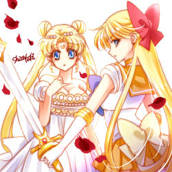 Rule 34 | 2girls, aino minako, back bow, bare shoulders, bishoujo senshi sailor moon, bishoujo senshi sailor moon (first season), blonde hair, blue eyes, bow, breasts, choker, cleavage, closed mouth, cowboy shot, crescent, crescent facial mark, double bun, dress, earrings, elbow gloves, eyes visible through hair, facial mark, forehead mark, gloves, hair bow, hair bun, hair ornament, hairpin, half updo, hand on own chest, hand up, holding, holding sword, holding weapon, jewelry, large breasts, long hair, looking at viewer, looking back, lowres, magical girl, miniskirt, multiple girls, neck, open mouth, orange choker, orange sailor collar, orange skirt, parted bangs, petals, pleated skirt, princess serenity, protecting, red bow, sailor collar, sailor venus, serious, shirataki kaiseki, signature, skirt, sleeveless, standing, straight hair, strapless, strapless dress, stud earrings, sword, tiara, tsukino usagi, twintails, very long hair, weapon, white background, white dress, white gloves, worried, yellow bow