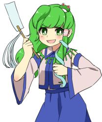 Rule 34 | 1girl, :d, bad id, bad twitter id, blue skirt, blush, bright pupils, commentary request, detached sleeves, frog hair ornament, green eyes, green hair, grey vest, hair ornament, hand up, highres, holding, kochiya sanae, long sleeves, open mouth, sasa kichi, skirt, smile, solo, standing, touhou, vest, wing collar