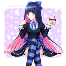 Rule 34 | 10s, 1girl, bad id, bad pixiv id, blue hair, blue nails, blunt bangs, cake, colored inner hair, crossed legs, eating, food, fork, gothic lolita, green eyes, hair ribbon, highres, lolita fashion, long hair, looking at viewer, multicolored hair, nail polish, panty &amp; stocking with garterbelt, plate, purple hair, ribbon, sayori (neko works), sitting, solo, spoon, stocking (psg), striped clothes, striped thighhighs, thighhighs, two-tone hair