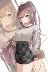 Rule 34 | 1girl, absurdres, alphaart, bag, brown hair, checkered clothes, earrings, highres, holding, holding bag, hololive, hololive english, jewelry, nanashi mumei, standing, three quarter view, virtual youtuber, yellow eyes