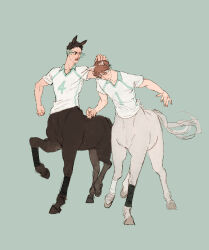 Rule 34 | 2boys, animal ears, black eyes, brown hair, centaur, chengongzi123, collared shirt, commentary, full body, grabbing another&#039;s hair, green background, haikyuu!!, hand up, highres, hooves, horse ears, horse tail, iwaizumi hajime, laurel crown, looking at another, male focus, monster boy, monsterification, multiple boys, oikawa tooru, open mouth, scolding, shirt, short hair, short sleeves, simple background, sportswear, standing, symbol-only commentary, t-shirt, tail, taur, very short hair, volleyball uniform, walking, white shirt