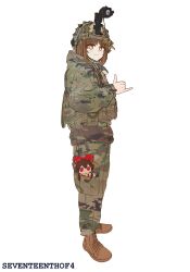 Rule 34 | 1girl, artist name, belt, boots, brown footwear, brown hair, camouflage, cat, commentary, different reflection, english commentary, from side, full body, fumo (doll), hakurei reimu, hand up, hat, headset, helmet, highres, jacket, long sleeves, looking at viewer, military hat, military jacket, military uniform, orange eyes, original, reflection, seventeenth of 4, shaka sign, short hair, simple background, smile, solo, touhou, uniform, utility belt, white background, woodland camouflage