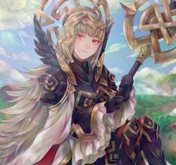 Rule 34 | 1girl, armor, black armor, black gloves, blue sky, closed mouth, cloud, crown, day, fire emblem, fire emblem heroes, gloves, grass, grey hair, hair ornament, highres, hikashi10 nsk, holding, holding staff, long hair, long sleeves, nintendo, outdoors, red eyes, shoulder armor, sitting, sky, solo, staff, veronica (fire emblem)