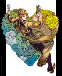Rule 34 | 1boy, bad id, bad pixiv id, blonde hair, cropped jacket, dio brando, floral background, flower, from above, from side, full body, grin, headband, heart, heart background, holding, holding knife, jojo no kimyou na bouken, knife, long sleeves, male focus, niku3729, pants, pillarboxed, red eyes, rose, shueisha, smile, solo, tazawa (odamura), weapon