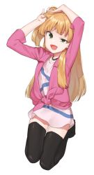 Rule 34 | 1girl, :d, black thighhighs, blonde hair, dress, green eyes, hands up, highres, holding, holding own hair, idolmaster, idolmaster cinderella girls, jacket, jewelry, jougasaki rika, long hair, long sleeves, looking at viewer, muchi maro, necklace, open mouth, pink jacket, short dress, simple background, smile, solo, thighhighs, tied jacket, two side up, tying hair, white background, zettai ryouiki