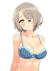 Rule 34 | 1girl, arms at sides, blue bra, blush, bra, breasts, brown hair, cleavage, closed mouth, collarbone, eyepatch, frilled bra, frills, green eyes, hair over one eye, highres, light smile, looking at viewer, medium breasts, nezuko, original, short hair, short hair with long locks, simple background, smile, solo, underwear, upper body, white background