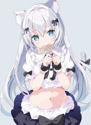Rule 34 | 1girl, animal ear fluff, animal ears, black bow, black skirt, blue eyes, blush, bow, cat ears, cat girl, cat tail, commentary, crop top, food, food in mouth, grey background, grey hair, hair between eyes, hands up, head tilt, highres, long hair, midriff, mouth hold, navel, original, pleated skirt, puffy short sleeves, puffy sleeves, shirt, short sleeves, simple background, skirt, solo, symbol-only commentary, tail, tail bow, tail ornament, taiyaki, tantan men (dragon), very long hair, wagashi, white shirt, wrist cuffs