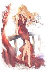 Rule 34 | 1girl, bare shoulders, blonde hair, blue eyes, center opening, dress, earrings, flower, granblue fantasy, grin, hair intakes, highres, jewelry, legs, long hair, railing, red curtains, red dress, red footwear, rose, shimatani azu, simple background, sitting, sleeveless, sleeveless dress, smile, solo, wavy hair, white background, zeta (granblue fantasy)