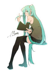 Rule 34 | 1girl, absurdres, aneco (westsea1227), aqua eyes, aqua hair, arm tattoo, armpit crease, bare shoulders, black shirt, black skirt, boots, closed mouth, detached sleeves, double v, full body, hand up, hatsune miku, highres, invisible chair, long hair, looking at viewer, looking back, miniskirt, shirt, sidelocks, signature, sitting, skirt, sleeveless, sleeveless shirt, solo, tattoo, thigh boots, thighhighs, twintails, v, very long hair, vocaloid