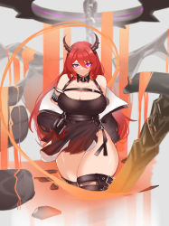 Rule 34 | 1girl, absurdres, alternate breast size, arknights, black collar, black dress, black jacket, black thighhighs, breasts, cleavage, collar, collarbone, cowboy shot, curvy, demon horns, detached collar, dress, elite ii (arknights), hair between eyes, highres, horns, huge breasts, indy art work, jacket, charm (object), large breasts, long hair, looking at viewer, off shoulder, open clothes, open jacket, planted, planted sword, planted weapon, purple eyes, red hair, rhodes island logo (arknights), skindentation, solo, surtr (arknights), sword, thick thighs, thighhighs, thighs, weapon, wide hips