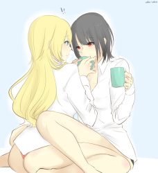 Rule 34 | !, !!, 10s, 2girls, artist name, ass, atago (kancolle), black hair, blonde hair, blue eyes, bottomless, cup, kantai collection, multiple girls, no headwear, no headwear, red eyes, sitting, sitting on lap, sitting on person, takao (kancolle), udon-udon, yuri