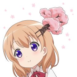 Rule 34 | 1girl, alternate hair ornament, bad id, bad twitter id, blush, bow, bowtie, cherry blossoms, closed mouth, collared shirt, commentary request, gochuumon wa usagi desu ka?, hair ornament, hairclip, hoto cocoa, looking at viewer, orange hair, pink vest, portrait, purple eyes, rabbit house uniform, red bow, red bowtie, red star (toranecomet), shirt, short hair, smile, solo, vest, white background, wing collar