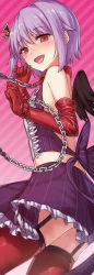 Rule 34 | 10s, 1girl, bare shoulders, bird wings, black wings, chain, collar, diagonal stripes, elbow gloves, from side, garter straps, gloves, halterneck, halterneck, ibuki notsu, idolmaster, idolmaster cinderella girls, koshimizu sachiko, leash, leather, leather gloves, looking at viewer, open mouth, pinstripe pattern, purple hair, red eyes, red gloves, red thighhighs, skirt, skirt set, smile, solo, striped, striped background, thighhighs, thighs, wings