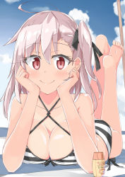 Rule 34 | 1girl, ahoge, albino, asymmetrical hair, bare arms, bare legs, bare shoulders, barefoot, beach towel, beritabo, bikini, black ribbon, blue sky, blush, bottle, breasts, cleavage, closed mouth, collarbone, commentary request, criss-cross halter, day, eyelashes, foreshortening, front-tie bikini top, front-tie top, full body, hair ribbon, halterneck, hands on own cheeks, hands on own face, large breasts, legs up, long hair, looking at viewer, lotion, lotion bottle, lying, on stomach, one side up, original, outdoors, perspective, pink hair, red eyes, ribbon, sanpaku, shiny skin, sky, smile, solo, striped bikini, striped clothes, sunscreen, swimsuit, tareme, the pose, towel
