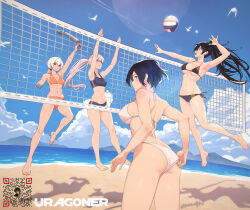 Rule 34 | 4girls, abs, adjusting clothes, adjusting swimsuit, ahoge, ass, ball, bare arms, bare legs, bare shoulders, barefoot, beach, beach volleyball, bikini, bikini tan, bird, black hair, black nails, blue bikini, breasts, cleavage, closed mouth, cloud, commentary, contrail, day, english commentary, eri (uragoner), feet, fingernails, floating hair, halterneck, high ponytail, highres, jumping, kuso otoko, large breasts, lens flare, lillie (kuso otoko), long hair, looking at viewer, looking back, low ponytail, mechanical arms, medium breasts, mountainous horizon, multiple girls, nail polish, navel, ocean, orange bikini, outdoors, parted lips, pink hair, playing sports, ponytail, profile, qr code, sand, sera (judgemint), shadow, shore, short hair, side-tie bikini bottom, sideways glance, single mechanical arm, smile, sports bikini, stomach, swimsuit, tan, tanline, teeth, toes, toned, twitter username, uragoner, volleyball, volleyball (object), volleyball net, white bikini