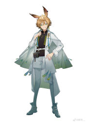 Rule 34 | 1boy, absurdres, animal ear piercing, animal ears, arknights, belt, belt pouch, black shirt, blonde hair, cape, character request, coat, earrings, full body, gradient cape, gradient legwear, green cape, green eyes, green footwear, green pantyhose, grin, hair between eyes, hand up, highres, jewelry, long sleeves, looking at viewer, male focus, open clothes, open coat, pantyhose, pouch, shirt, shoes, short hair, shorts, simple background, smile, solo, standing, su ran (bilibili 18604428), tachi-e, tassel, tassel earrings, weibo watermark, white background, white belt, white coat, white shorts