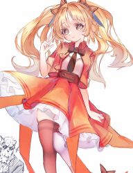 Rule 34 | 1boy, 1girl, arknights, asymmetrical legwear, black neckwear, blonde hair, bow, bowtie, brown eyes, closed mouth, dress, hair ribbon, hand up, highres, long hair, looking at viewer, microphone, mismatched legwear, mountain (arknights), necktie, official alternate costume, orange thighhighs, pinecone (arknights), pinecone (sing a song) (arknights), ribbon, smile, sparkle, sunglasses, thighhighs, twintails, w, white background, white thighhighs, yuzusawa oekaki
