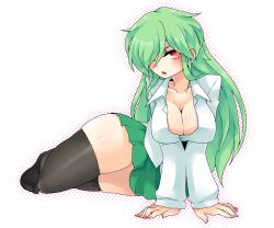 Rule 34 | 1girl, bad id, black thighhighs, blush, breasts, cleavage, collarbone, creatures (company), curvy, game freak, gardevoir, gen 3 pokemon, green hair, green skirt, hair over one eye, large breasts, lemoco99, long hair, looking at viewer, lying, nintendo, on side, open mouth, personification, pleated skirt, pokemon, pokemon rse, red eyes, shiny skin, shirt, simple background, skirt, solo, thick thighs, thighhighs, thighs, white background, white shirt, wide hips, zettai ryouiki