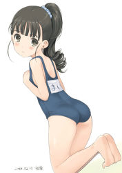 Rule 34 | 10s, 1girl, 2013, artist name, ass, bad id, bad twitter id, barefoot, black eyes, black hair, blue one-piece swimsuit, blunt bangs, blush, child, dated, drill hair, dutch angle, feet, flat chest, from side, fukuyama mai, hands on own chest, high ponytail, idolmaster, idolmaster cinderella girls, jpeg artifacts, kiya shii, kneeling, long hair, looking at viewer, looking back, name tag, one-piece swimsuit, polka dot, ponytail, school swimsuit, scrunchie, signature, simple background, smile, soles, solo, swimsuit, white background