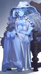 Rule 34 | 1girl, absurdres, barefoot, blue eyes, blue hair, blue skin, breasts, cloak, closed mouth, colored skin, cracked skin, doll joints, dress, elden ring, extra arms, extra faces, feet, from below, fur cloak, hat, highres, joints, large hat, long hair, looking at viewer, medium breasts, no bra, one eye closed, ranni the witch, shiny skin, soles, solo, toes, witch, witch hat, yamauchi (conan-comy)
