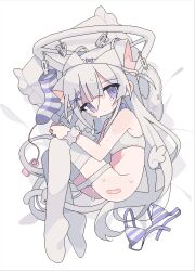 Rule 34 | 1girl, angel wings, animal ear fluff, animal ears, bandaid, bare arms, bare shoulders, bed sheet, bra, bra on head, cat ears, cat girl, cat tail, closed mouth, clothes pin, collar, crop top, cropped shirt, daizu (melon-lemon), detached wings, extra ears, fetal position, from above, full body, hair ribbon, jaggy lines, long hair, looking at viewer, looking to the side, lying, mini wings, object on head, on side, original, panties, panty pull, pillow, purple collar, purple eyes, purple ribbon, pussy juice, remote control vibrator, ribbon, sex toy, shirt, sleeveless, sleeveless shirt, solo, sweat, tail, tears, thighhighs, underwear, very long hair, vibrator, vibrator cord, white background, white bra, white hair, white panties, white shirt, white thighhighs, white wrist cuffs, wings, wrist cuffs