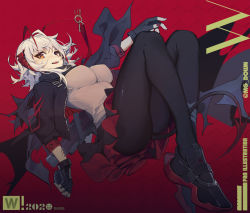 Rule 34 | 1girl, 2020, :d, ahoge, antennae, arknights, black footwear, black gloves, black jacket, black pantyhose, black scarf, black skirt, breasts, brown eyes, character name, commentary, explosive, fingerless gloves, gloves, grenade, grey shirt, highres, holding, holding grenade, horns, jacket, large breasts, long sleeves, looking at viewer, miniskirt, mongarit, nail polish, open mouth, pantyhose, red background, red nails, scarf, shirt, shoes, short hair, silver hair, skirt, smile, solo, taut clothes, taut shirt, thighs, w (arknights)