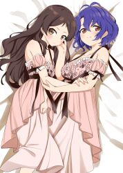 2girls antenna_hair bare_shoulders bed_sheet black_hair blue_hair breasts brown_eyes cleavage closed_mouth collarbone detached_sleeves dot_nose eyelashes feet_out_of_frame floral_print forehead frilled_negligee frills halterneck hand_on_another&#039;s_cheek hand_on_another&#039;s_face highres idolmaster idolmaster_million_live! idolmaster_million_live!_theater_days kitazawa_shiho large_breasts layered_nightgown light_smile long_hair looking_at_viewer lying medium_breasts multiple_girls official_alternate_costume on_side parted_bangs pink_negligee pocchari puffy_detached_sleeves puffy_sleeves ribbon-trimmed_sleeves ribbon_trim rose_print sexy_beautiful_(idolmaster) short_hair sidelocks straight_hair toyokawa_fuka wavy_hair