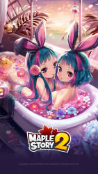 Rule 34 | 00s, 2girls, animal ears, bathtub, bird, breasts, copyright name, duck, flower, hair flower, hair ornament, highres, large breasts, long hair, looking at viewer, looking back, maplestory, maplestory 2, mint (maplestory2), mole, multiple girls, nude, open mouth, petals, playing with another&#039;s hair, rabbit ears, vanilla (maplestory2), wet, windy4th, yuri