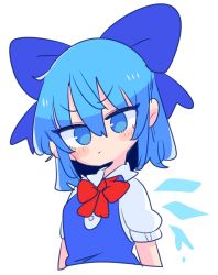 Rule 34 | blouse, blue dress, blue eyes, blue hair, blue ribbon, bow, cirno, dress, dress shirt, fairy wings, hair bow, highres, ice, ice wings, op na yarou, pinafore dress, puffy short sleeves, puffy sleeves, red bow, red ribbon, ribbon, shirt, short hair, short sleeves, simple background, sleeveless dress, solo, touhou, white background, white shirt, wing collar, wings