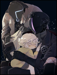 Rule 34 | 1girl, 2boys, ascot, black coat, blanket, bondrewd, book, child, coat, colored eyelashes, closed eyes, father and daughter, gloves, green hair, highres, holding, holding book, hoshita (vbktyellow), made in abyss, mask, meinya (made in abyss), multiple boys, on lap, prushka, white hair