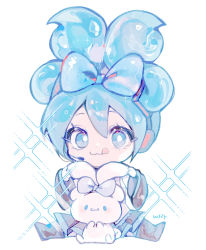 Rule 34 | 1girl, :3, :q, alternate hairstyle, black footwear, black skirt, blue bow, blue eyes, blue hair, blue theme, boots, bow, chibi, cinnamiku, cinnamoroll, crossover, double bun, ear bow, eyelashes, full body, hair bow, hair bun, hands up, hatsune miku, headphones, headset, highres, holding ears, long sleeves, looking at viewer, matchazi, pleated skirt, sanrio, signature, simple background, sitting, skirt, smile, spread legs, tied ears, tongue, tongue out, updo, vocaloid, white background, wide sleeves, wide spread legs