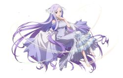 Rule 34 | 1girl, artist request, bare arms, bare shoulders, barefoot sandals (jewelry), breasts, dress, feet, full body, hair ornament, highres, long dress, long hair, looking at viewer, medium breasts, puffy sleeves, purple dress, purple eyes, purple hair, quinella, smile, sword art online, sword art online: alicization, very long hair, white background