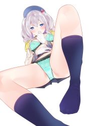 Rule 34 | 1girl, ama mitsuki, aqua bra, aqua panties, beret, blue eyes, blue socks, blush, bra, breasts, clothes lift, clothes pull, covering own mouth, epaulettes, frilled sleeves, frills, gloves, hand on own stomach, hat, jacket, jacket pull, kantai collection, kashima (kancolle), knee up, kneehighs, large breasts, long hair, long sleeves, looking at viewer, military, military jacket, military uniform, open clothes, open shirt, panties, pleated skirt, sidelocks, silver hair, simple background, skindentation, skirt, skirt lift, socks, solo, spread legs, tsurime, twintails, underwear, undressing, uniform, wavy hair, white background, white gloves, white jacket