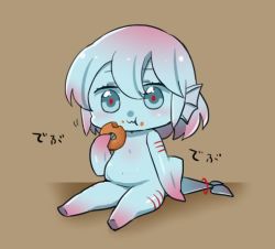 Rule 34 | 1girl, :t, blue eyes, blue hair, blue sclera, blue skin, blush, brown background, chibi, colored sclera, colored skin, doughnut, eating, fat, filet (kai himo), fins, food, gills, gradient hair, holding, holding food, kai himo, looking at viewer, monster girl, multicolored hair, navel, no hands, nude, original, pink hair, red pupils, short hair, simple background, sitting, solo, tail