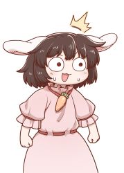 Rule 34 | 1girl, ^^^, animal ears, blush, brown eyes, brown hair, carrot, carrot necklace, clenched hands, dress, hair between eyes, inaba tewi, necklace, open mouth, pink dress, poronegi, puffy short sleeves, puffy sleeves, rabbit ears, short hair, short sleeves, simple background, solo, surprised, sweat, sweatdrop, touhou, white background, wide-eyed