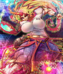 Rule 34 | 1girl, blonde hair, breasts, cup, eyebrows, female focus, horns, hoshiguma yuugi, huge breasts, impossible clothes, impossible shirt, kage houshi, long hair, muscular, pointy ears, red eyes, sakazuki, shirt, single horn, solo, touhou