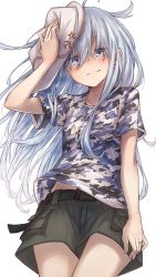 Rule 34 | 1girl, alternate costume, black shorts, blue eyes, camouflage, commentary request, cowboy shot, flat cap, hammer and sickle, hat, hibiki (kancolle), highres, holding, holding clothes, holding hat, kantai collection, kuuru (kuuru-n), long hair, shirt, shorts, simple background, solo, t-shirt, verniy (kancolle), white background, white hair, white hat