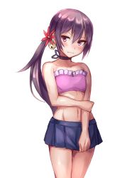 Rule 34 | 1girl, akebono (kancolle), bell, bikini, blue skirt, blush, breasts, choker, clothes pull, collarbone, embarrassed, flower, fumikiri, hair bell, hair between eyes, hair flower, hair ornament, hand on leg, kantai collection, long hair, looking at viewer, navel, pleated skirt, purple bikini, purple eyes, purple hair, side ponytail, simple background, skirt, small breasts, solo, standing, strapless, strapless bikini, swimsuit, upper body, white background