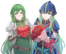 Rule 34 | 2girls, armor, belt, black dress, blue belt, bouquet, bow, box, bracer, breastplate, brown belt, brown gloves, commission, dress, elbow gloves, erinys (fire emblem), female focus, fire emblem, fire emblem: genealogy of the holy war, fire emblem: path of radiance, flower, gloves, green dress, green eyes, green hair, heart-shaped box, helmet, highres, holding, holding bouquet, holding box, long hair, looking at viewer, matching hair/eyes, moja (rainpoow), multiple girls, nephenee (fire emblem), nintendo, red bow, red flower, red rose, rose, second-party source, shoulder armor, simple background, sleeveless, sleeveless dress, smile, trait connection, upper body, very long hair, white background