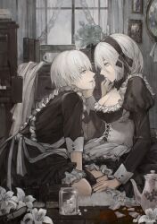 1boy 1girl 2b_(nier:automata) 9s_(nier:automata) absurdres alternate_costume apron black_dress black_footwear black_thighhighs blue_eyes bottle breasts brick_floor broken cleavage commentary_request corset crossdressing cup curtains dress enmaided feeding flower frilled_apron frills from_side garter_straps hand_on_another&#039;s_cheek hand_on_another&#039;s_face highres indoors instrument juliet_sleeves kneeling large_breasts leaning_forward long_sleeves looking_at_another maid maid_apron male_maid nier:automata nier_(series) on_floor piano piano_keys picture_frame puffy_sleeves short_hair sitting sugar_cube teapot thighhighs tricoliet upright_piano waist_apron wariza white_apron white_corset white_flower white_hair window wrist_cuffs